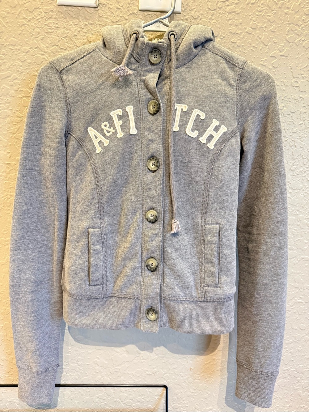 Abercrombie & Fitch Gray Hooded Button-Up Jacket with terminal inside